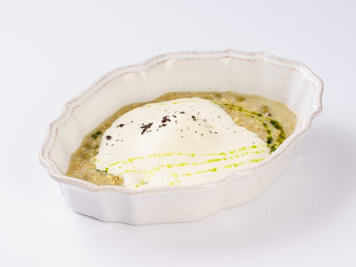 Каша из 5 злака с муссом из пармезана и яйцом пашот